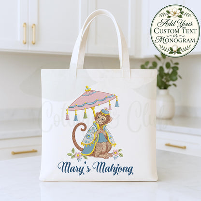 Chinoiserie Monkey Tote Bag, Double-Sided Natural Canvas Shopper, Personalized Monogram Canvas Tote Bag Reusable Shopping Bag