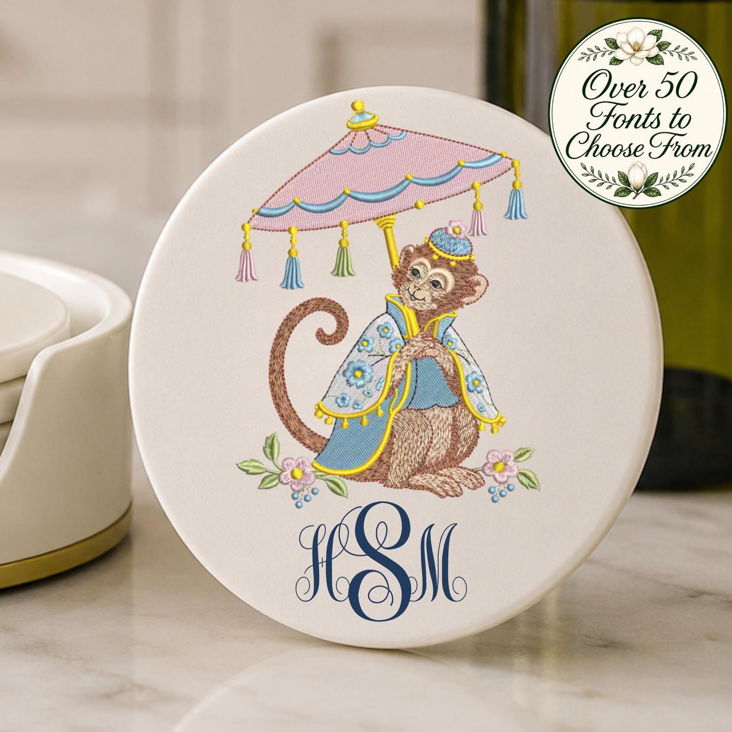 Preppy Chinoiserie Monkey Ceramic Coasters Set of 4 Cork-Backed Custom Coasters Housewarming Gift Coffee Table Decor Bar Accessories