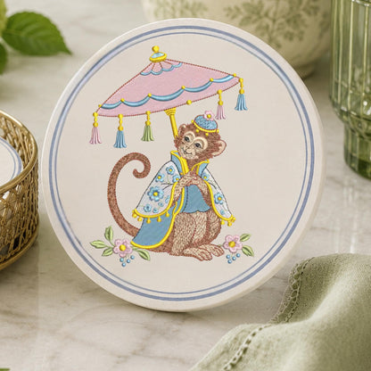 Preppy Chinoiserie Monkey Ceramic Coasters Set of 4 Cork-Backed Custom Coasters Housewarming Gift Coffee Table Decor Bar Accessories