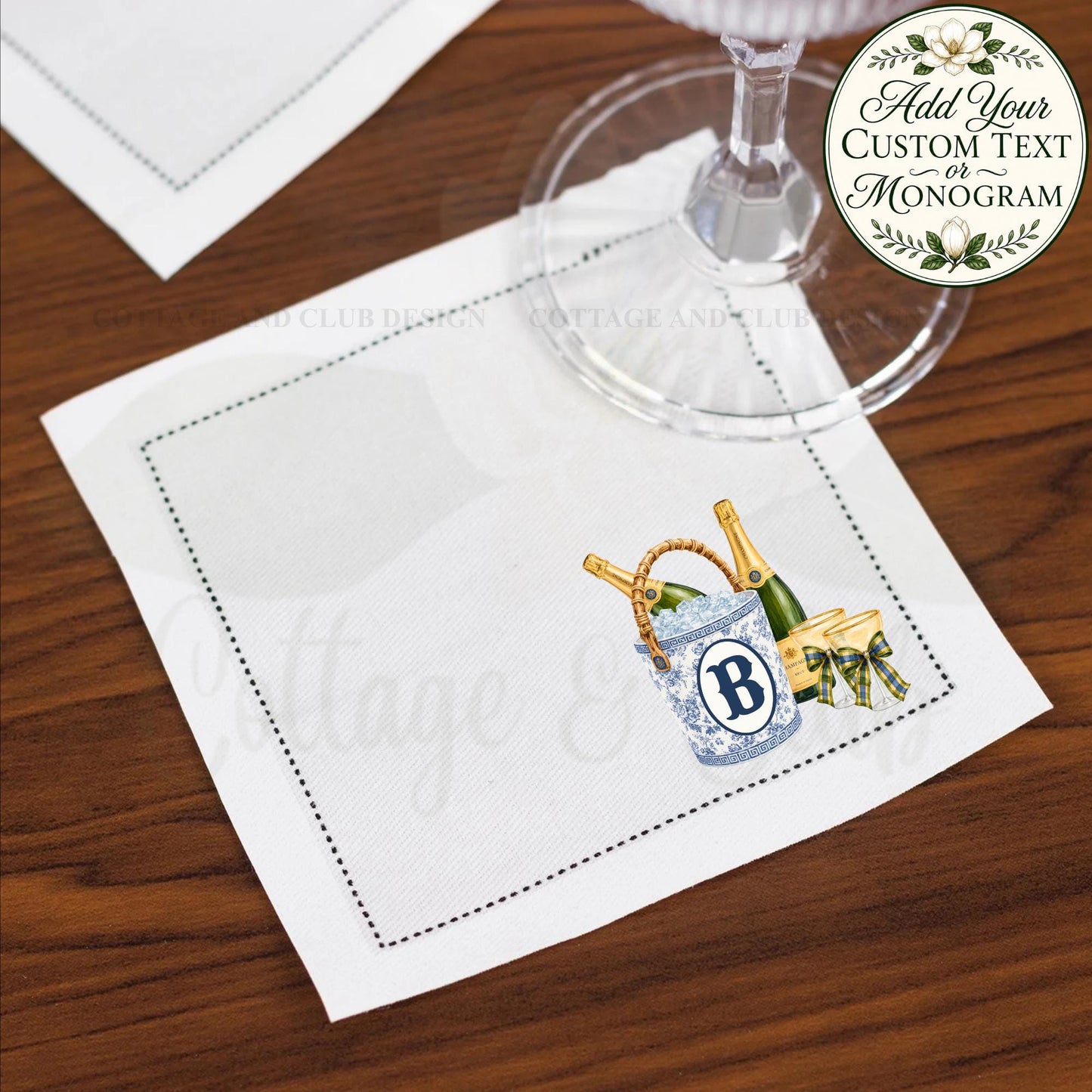 Blue and White Champagne Ice Bucket Personalized Custom Monogrammed Hemstitch Cocktail Napkins