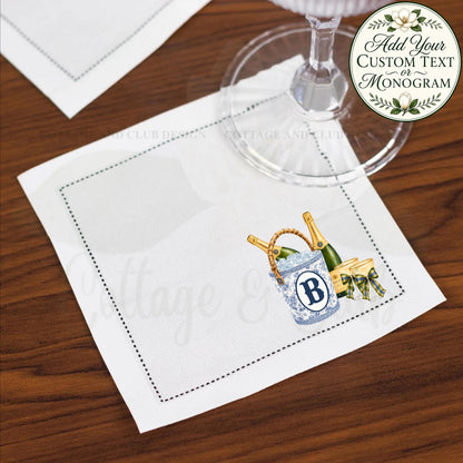 Blue and White Champagne Ice Bucket Personalized Custom Monogrammed Hemstitch Cocktail Napkins