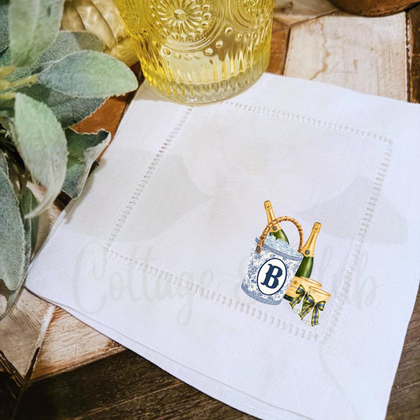 Blue and White Champagne Ice Bucket Personalized Custom Monogrammed Hemstitch Cocktail Napkins