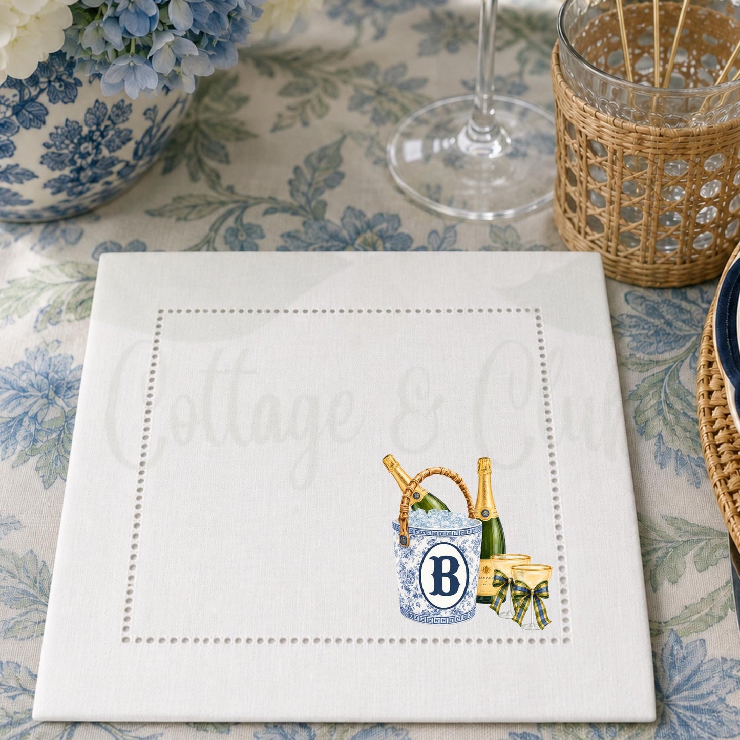 Blue and White Champagne Ice Bucket Personalized Custom Monogrammed Hemstitch Cocktail Napkins