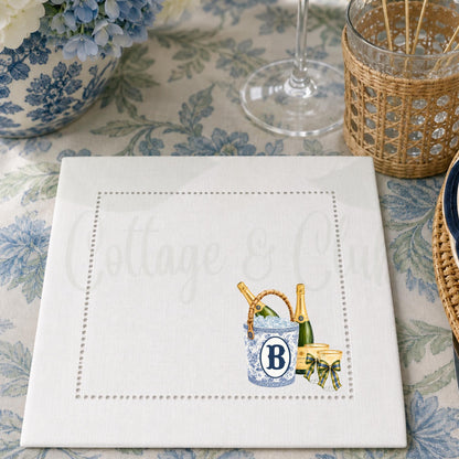 Blue and White Champagne Ice Bucket Personalized Custom Monogrammed Hemstitch Cocktail Napkins