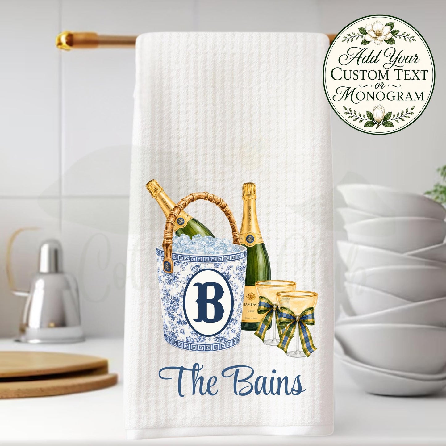 Blue and White Champagne Tea Towel, Chinoiserie Ice Bucket Kitchen Decor, Hostess Gift, Bridal Shower Gift Oversized Waffle Weave Tea Towel