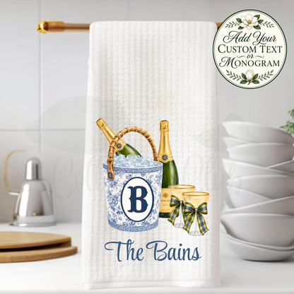 Blue and White Champagne Tea Towel, Chinoiserie Ice Bucket Kitchen Decor, Hostess Gift, Bridal Shower Gift Oversized Waffle Weave Tea Towel