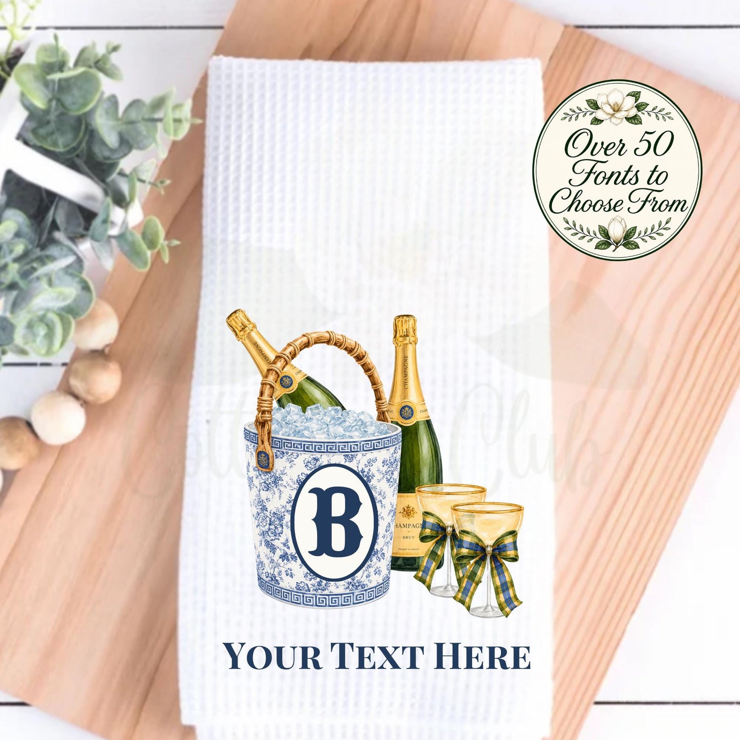 Blue and White Champagne Tea Towel, Chinoiserie Ice Bucket Kitchen Decor, Hostess Gift, Bridal Shower Gift Oversized Waffle Weave Tea Towel
