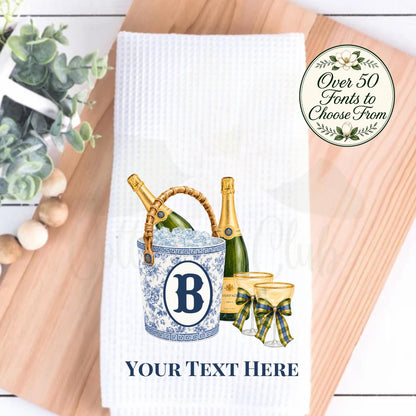 Blue and White Champagne Tea Towel, Chinoiserie Ice Bucket Kitchen Decor, Hostess Gift, Bridal Shower Gift Oversized Waffle Weave Tea Towel