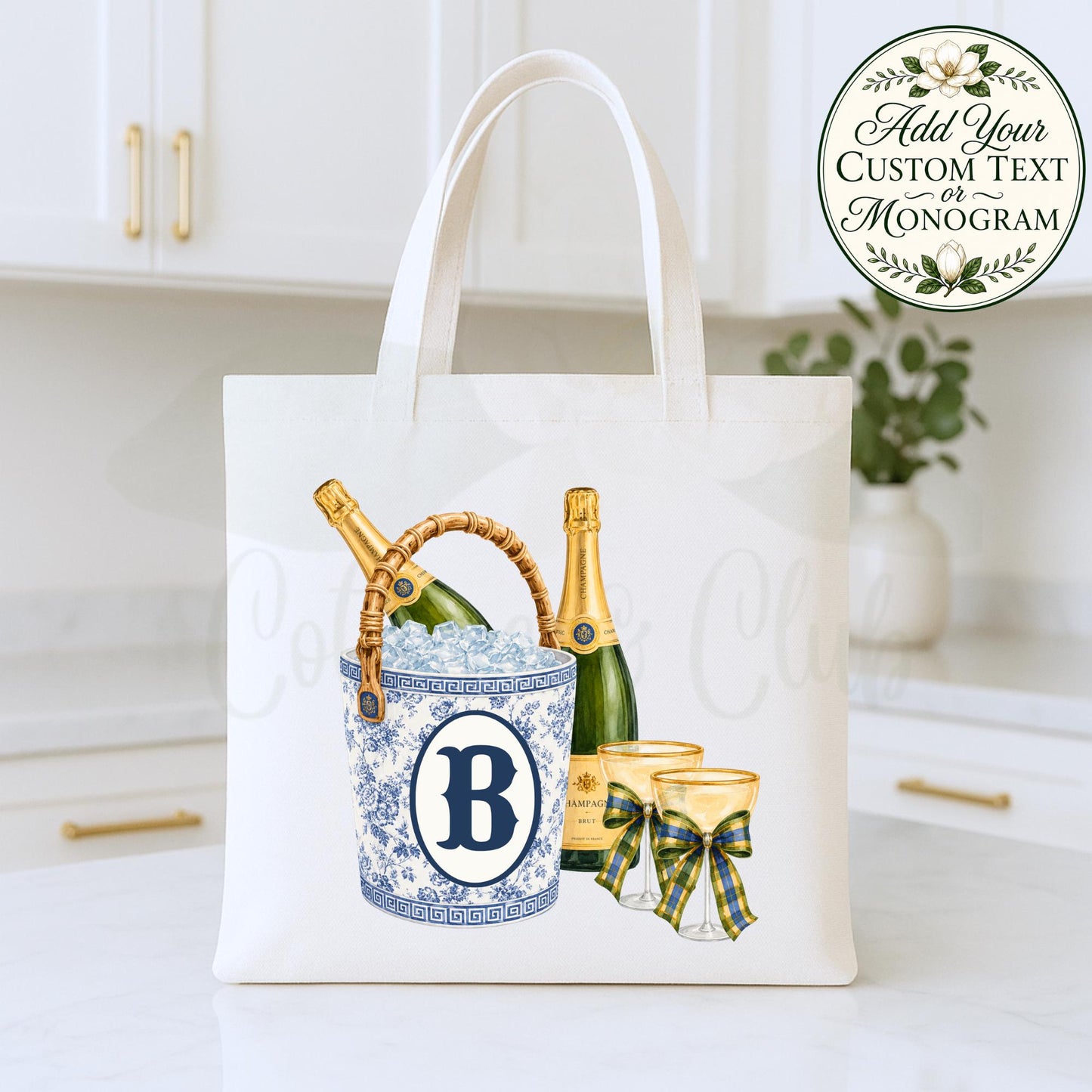 Champagne Ice Bucket Celebration Personalized Canvas Tote Bag Double Sided Reusable Tote Bag Book Tote Beach Bag Grocery Bag Teacher Gift