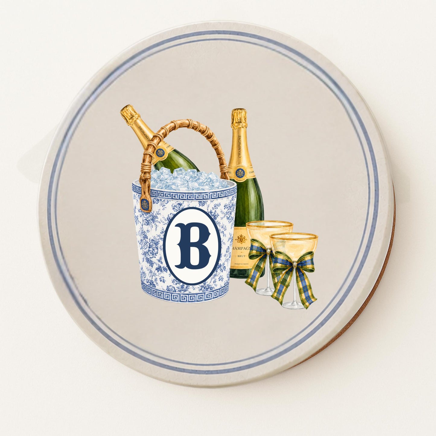 Personalized Champagne Coasters Set of 4, Blue and White Chinoiserie Ceramic Coasters, Monogram Hostess Gift
