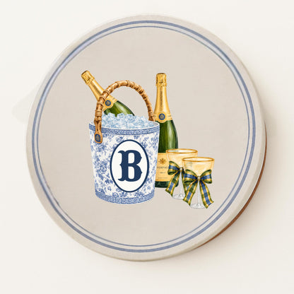 Personalized Champagne Coasters Set of 4, Blue and White Chinoiserie Ceramic Coasters, Monogram Hostess Gift