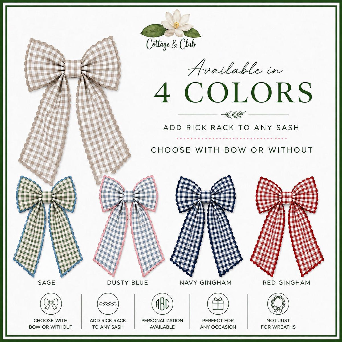 Gingham Wreath Sash Blank Embroidery Blank Wholesale Chinoiserie Front Door Bow Cotton Customizable DIY Ribbon Accent Fabric Embellishment