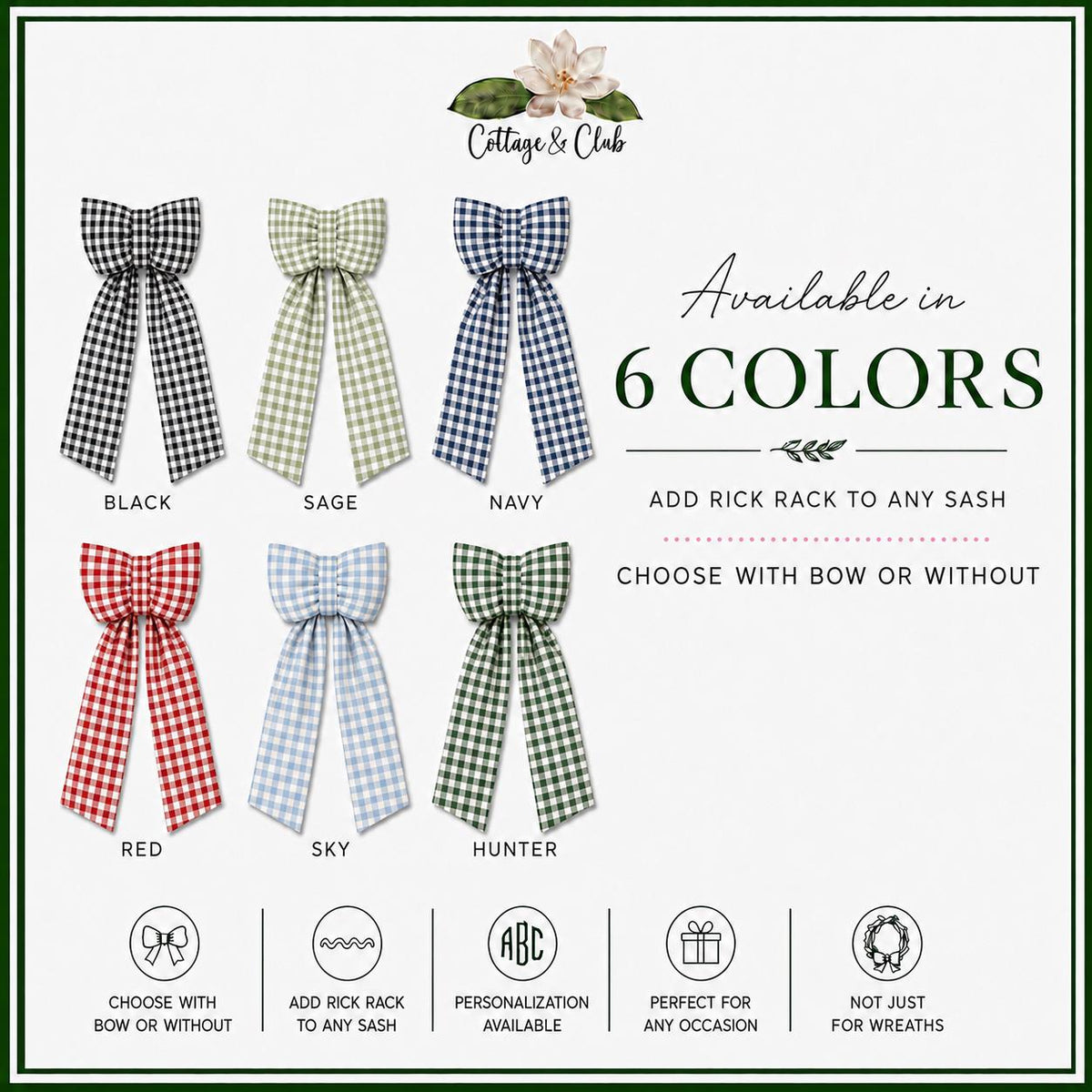 Gingham Wreath Sash Blank Embroidery Blank Wholesale Chinoiserie Front Door Bow Cotton Customizable DIY Ribbon Accent Fabric Embellishment