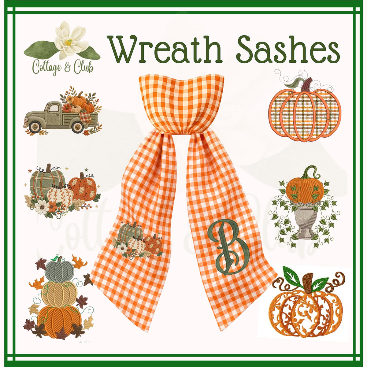 Embroidered Pumpkin Monogram Wreath Sash, Fall Wreath Sash, Pumpkin Wreath Sash, Last name wreath sash, Hostess gift, Fall Decor