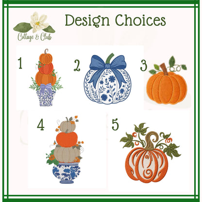 Embroidered Blue & White Chinoiserie Delft Pumpkin Monogram Wreath Sash, Fall Wreath Sash, Pumpkin Wreath Sash,  Hostess gift, Fall Decor