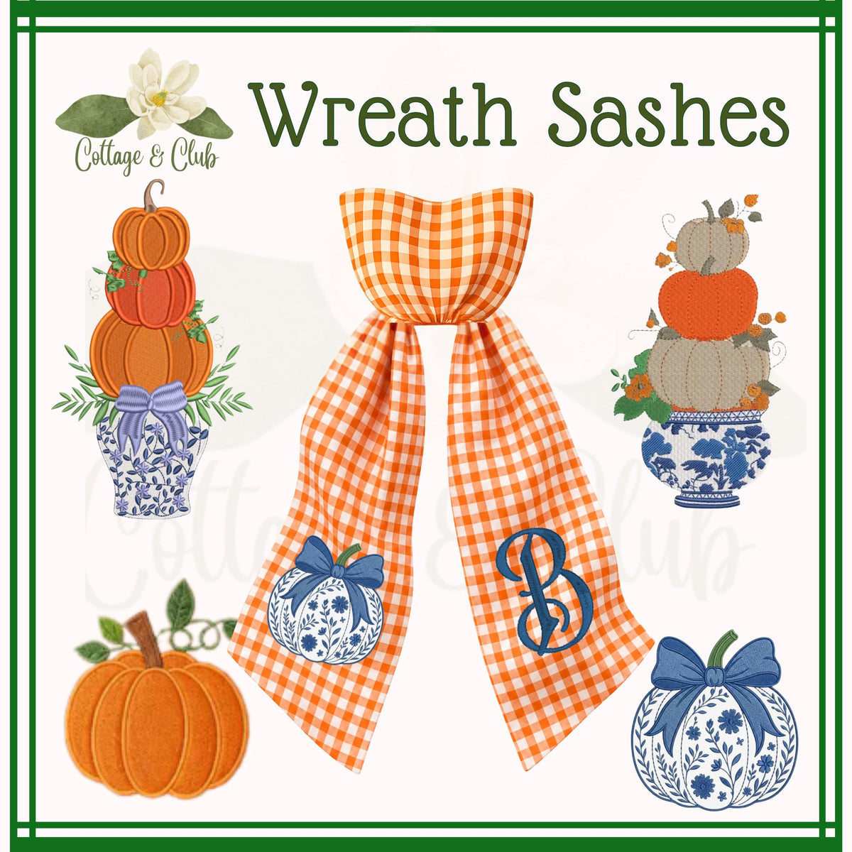 Embroidered Blue & White Chinoiserie Delft Pumpkin Monogram Wreath Sash, Fall Wreath Sash, Pumpkin Wreath Sash,  Hostess gift, Fall Decor