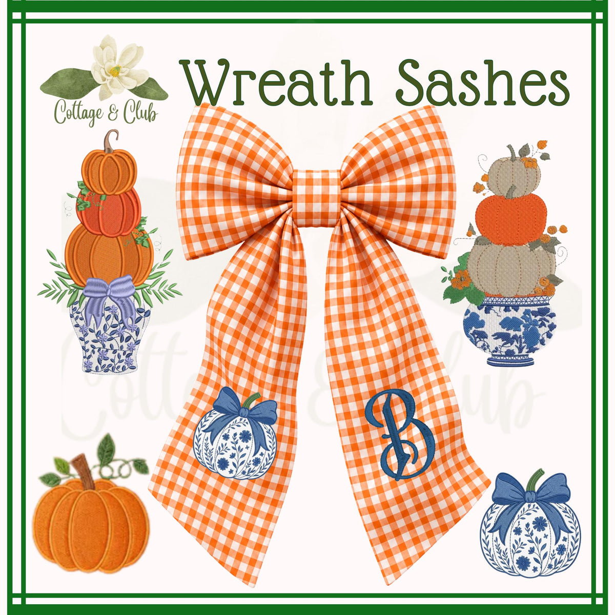 Embroidered Blue & White Chinoiserie Delft Pumpkin Monogram Wreath Sash, Fall Wreath Sash, Pumpkin Wreath Sash,  Hostess gift, Fall Decor