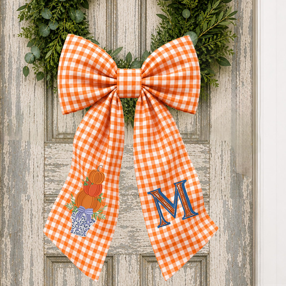 Embroidered Blue & White Chinoiserie Delft Pumpkin Monogram Wreath Sash, Fall Wreath Sash, Pumpkin Wreath Sash,  Hostess gift, Fall Decor
