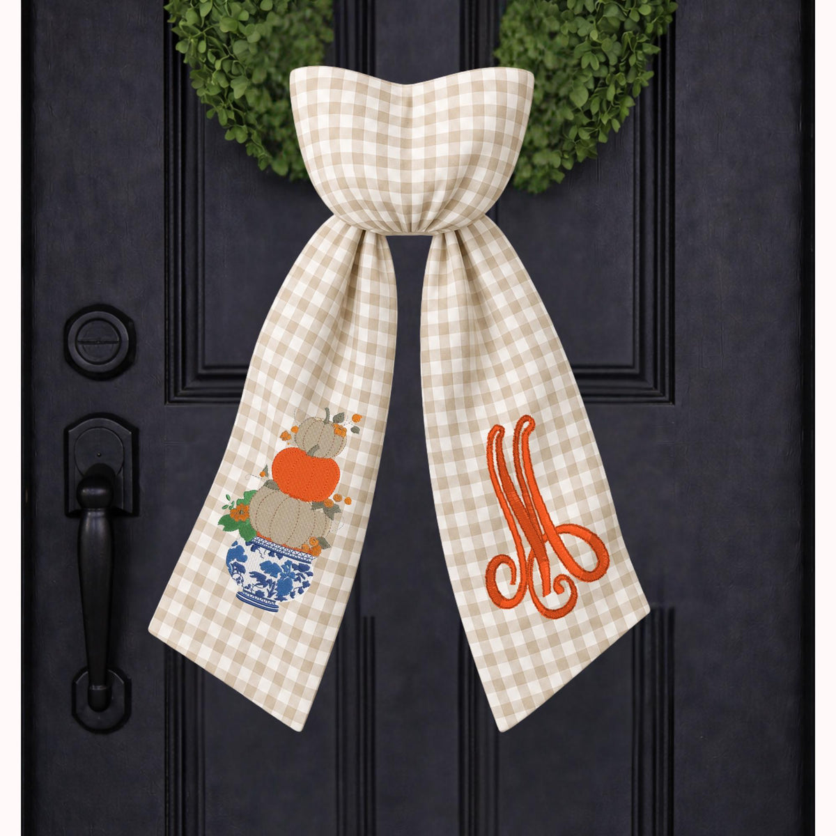 Embroidered Blue & White Chinoiserie Delft Pumpkin Monogram Wreath Sash, Fall Wreath Sash, Pumpkin Wreath Sash,  Hostess gift, Fall Decor