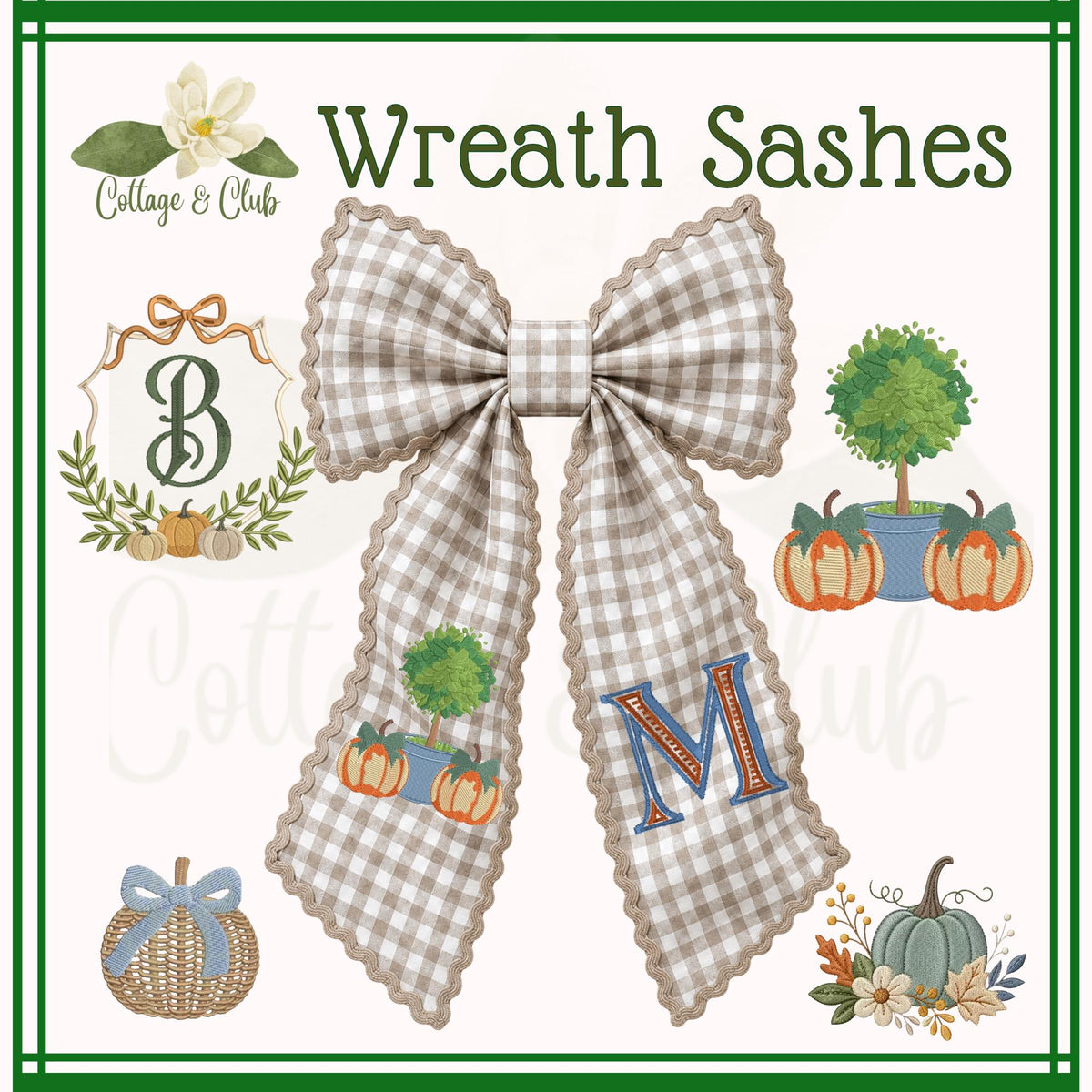 Embroidered Blue & White Pumpkin Monogram Wreath Sash