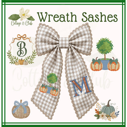 Embroidered Blue & White Pumpkin Monogram Wreath Sash