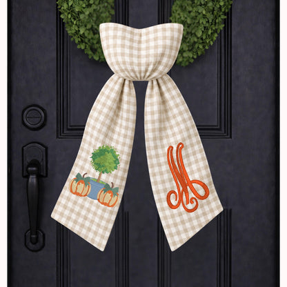 Embroidered Blue & White Chinoiserie Delft Pumpkin Monogram Wreath Sash, Fall Wreath Sash, Pumpkin Wreath Sash,  Hostess gift, Fall Decor