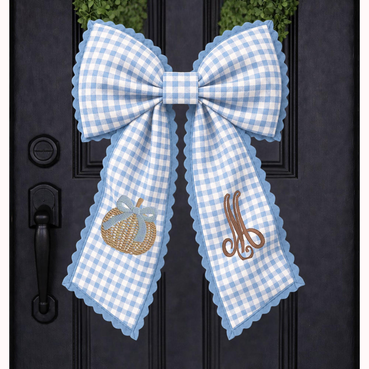 Embroidered Blue & White Chinoiserie Delft Pumpkin Monogram Wreath Sash, Fall Wreath Sash, Pumpkin Wreath Sash,  Hostess gift, Fall Decor