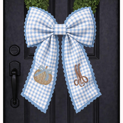 Embroidered Blue & White Chinoiserie Delft Pumpkin Monogram Wreath Sash, Fall Wreath Sash, Pumpkin Wreath Sash,  Hostess gift, Fall Decor