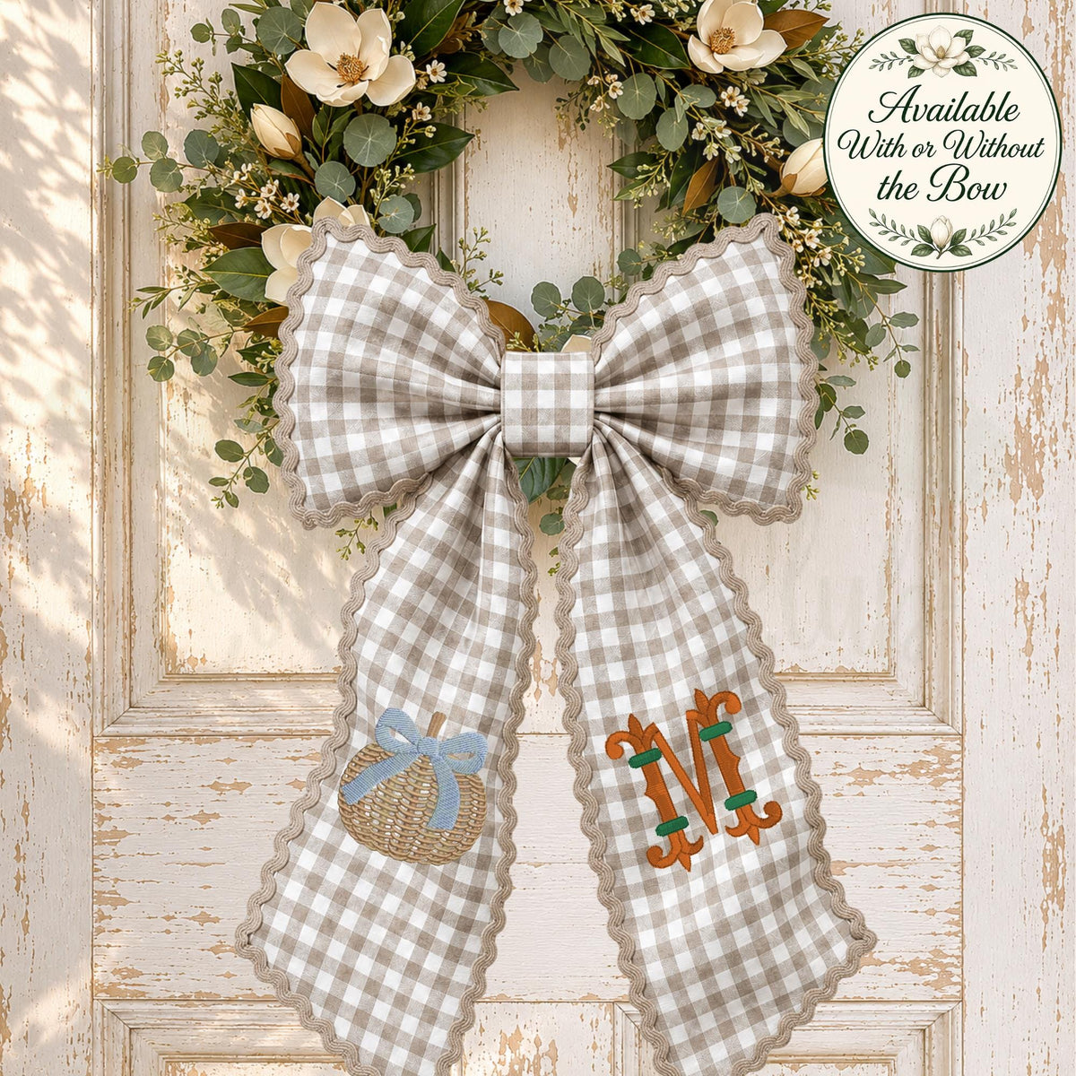 Embroidered Blue & White Pumpkin Monogram Wreath Sash