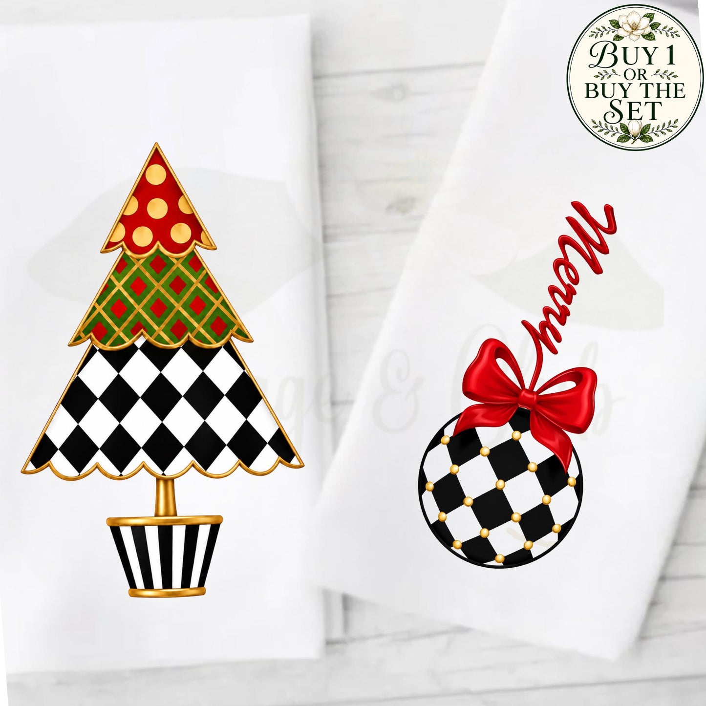 Personalized Christmas Tea or Hand Towel, Black White Harlequin Holiday Decor, Custom Monogram Hostess Gift Oversized Waffle Weave Tea Towel
