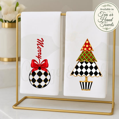Personalized Christmas Tea or Hand Towel, Black White Harlequin Holiday Decor, Custom Monogram Hostess Gift Oversized Waffle Weave Tea Towel