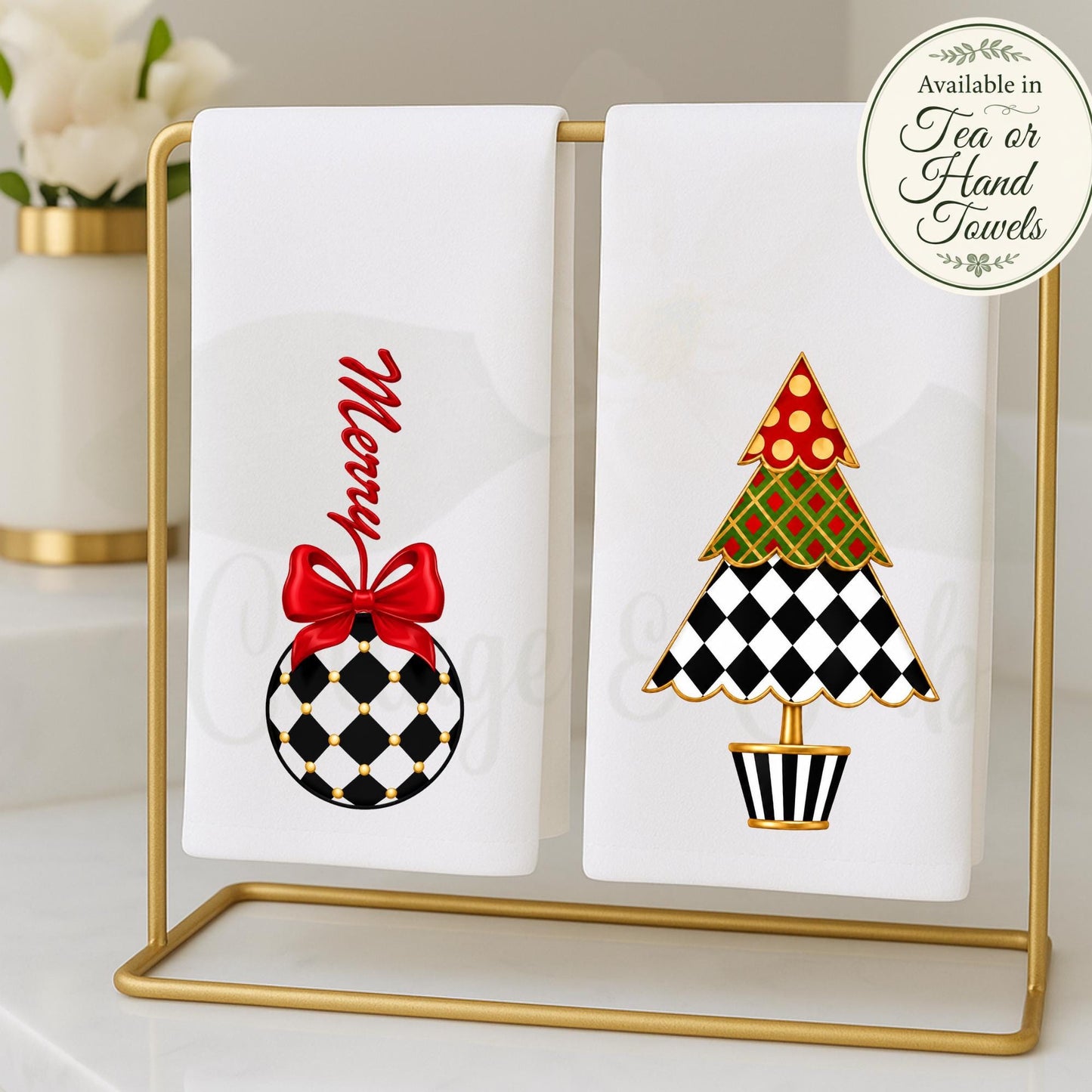 Personalized Christmas Tea or Hand Towel, Black White Harlequin Holiday Decor, Custom Monogram Hostess Gift Oversized Waffle Weave Tea Towel