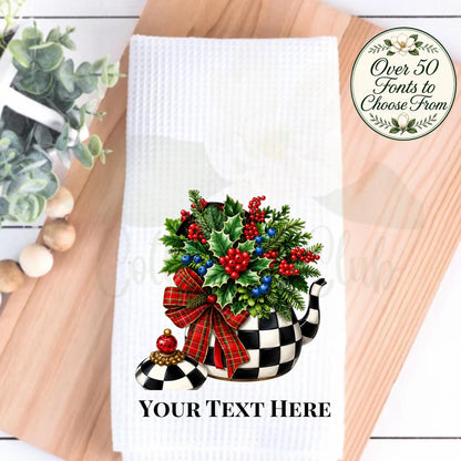 Personalized Christmas Tea or Hand Towel, Black White Harlequin Holiday Decor, Custom Monogram Hostess Gift Oversized Waffle Weave Tea Towel
