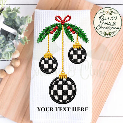 Personalized Christmas Tea or Hand Towel, Black White Harlequin Holiday Decor, Custom Monogram Hostess Gift Oversized Waffle Weave Tea Towel