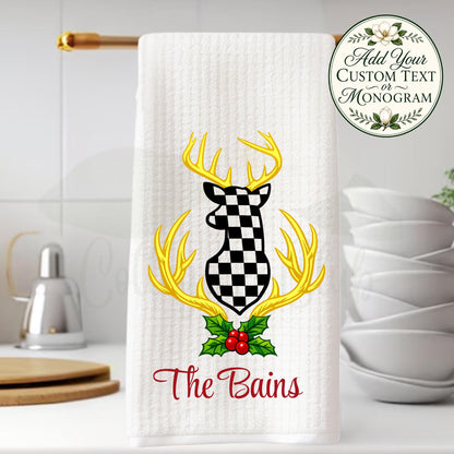 Personalized Christmas Tea or Hand Towel, Black White Harlequin Holiday Decor, Custom Monogram Hostess Gift Oversized Waffle Weave Tea Towel
