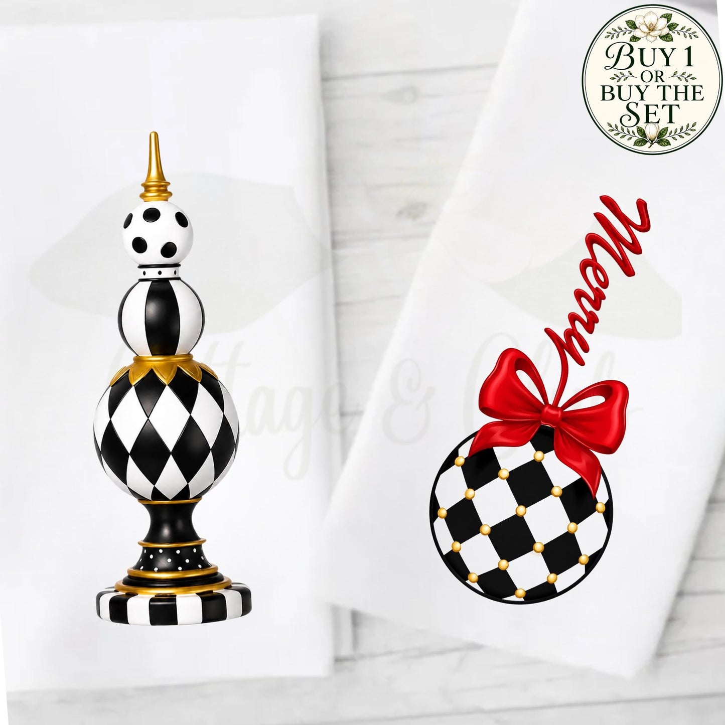 Personalized Christmas Tea or Hand Towel, Black White Harlequin Holiday Decor, Custom Monogram Hostess Gift Oversized Waffle Weave Tea Towel