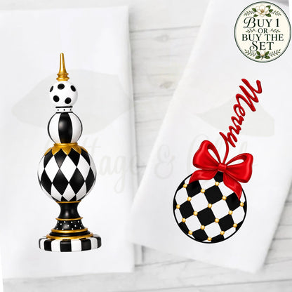 Personalized Christmas Tea or Hand Towel, Black White Harlequin Holiday Decor, Custom Monogram Hostess Gift Oversized Waffle Weave Tea Towel