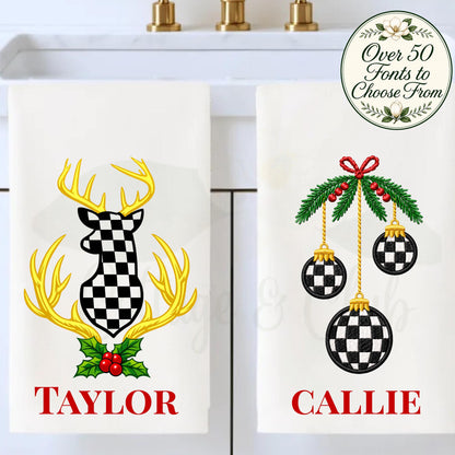 Personalized Christmas Tea or Hand Towel, Black White Harlequin Holiday Decor, Custom Monogram Hostess Gift Oversized Waffle Weave Tea Towel