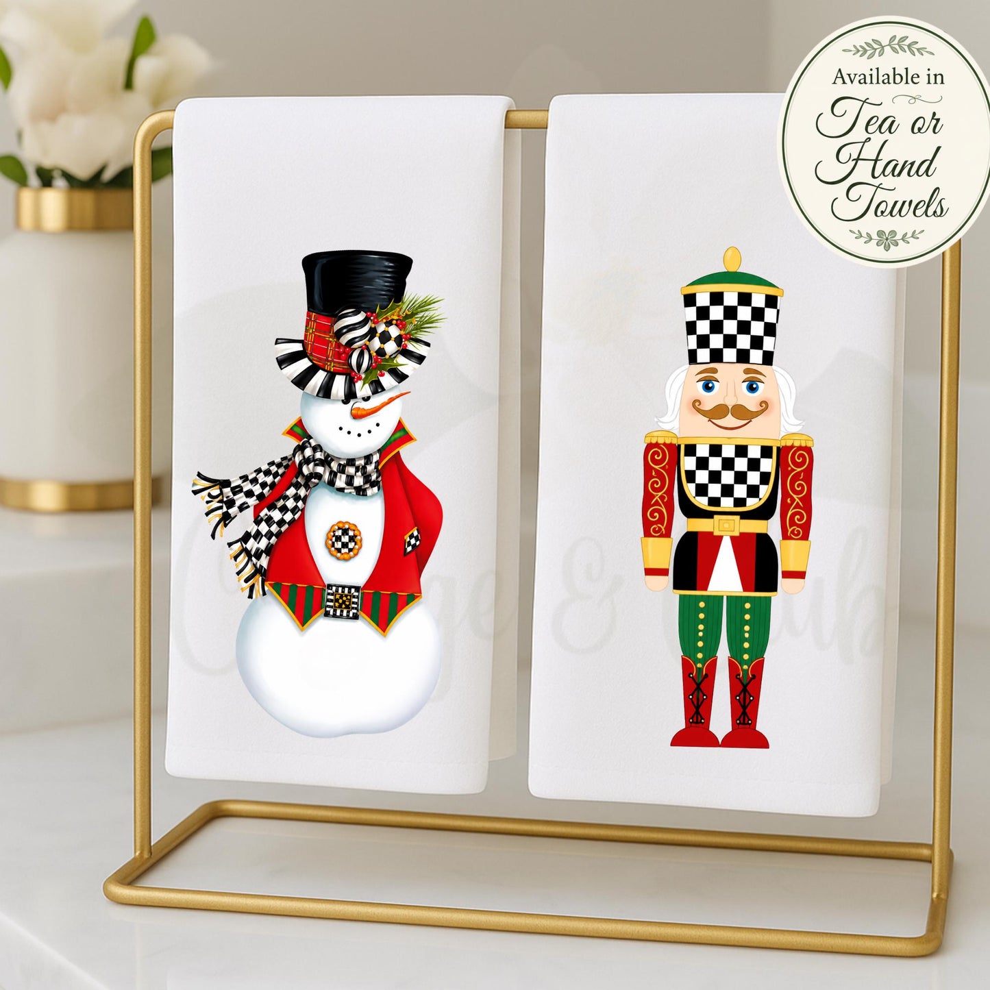 Personalized Christmas Tea or Hand Towel, Black White Harlequin Holiday Decor, Custom Monogram Hostess Gift Oversized Waffle Weave Tea Towel
