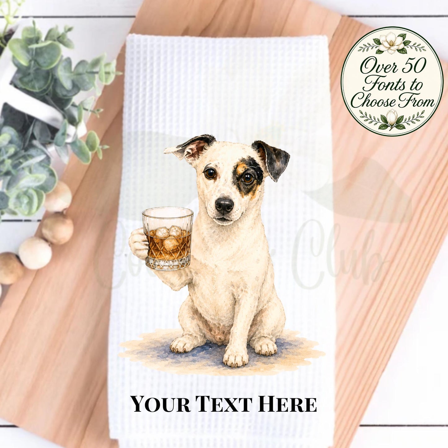 Canine Cocktail Collection Jack Russell Tea Towel, Terrier with Whiskey Glass Kitchen Decor, Bourbon Lover Gift, Dog Mom Hostess Gift