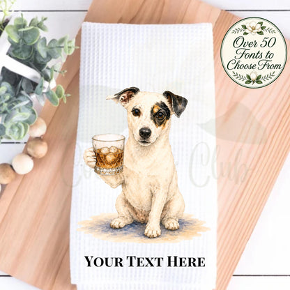 Canine Cocktail Collection Jack Russell Tea Towel, Terrier with Whiskey Glass Kitchen Decor, Bourbon Lover Gift, Dog Mom Hostess Gift