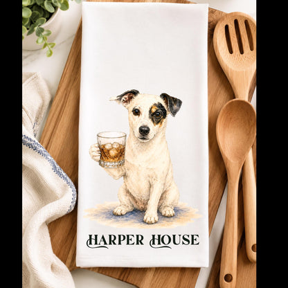 Canine Cocktail Collection Jack Russell Tea Towel, Terrier with Whiskey Glass Kitchen Decor, Bourbon Lover Gift, Dog Mom Hostess Gift