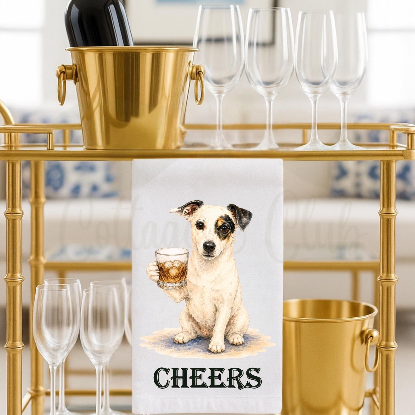 Canine Cocktail Collection Jack Russell Tea Towel, Terrier with Whiskey Glass Kitchen Decor, Bourbon Lover Gift, Dog Mom Hostess Gift