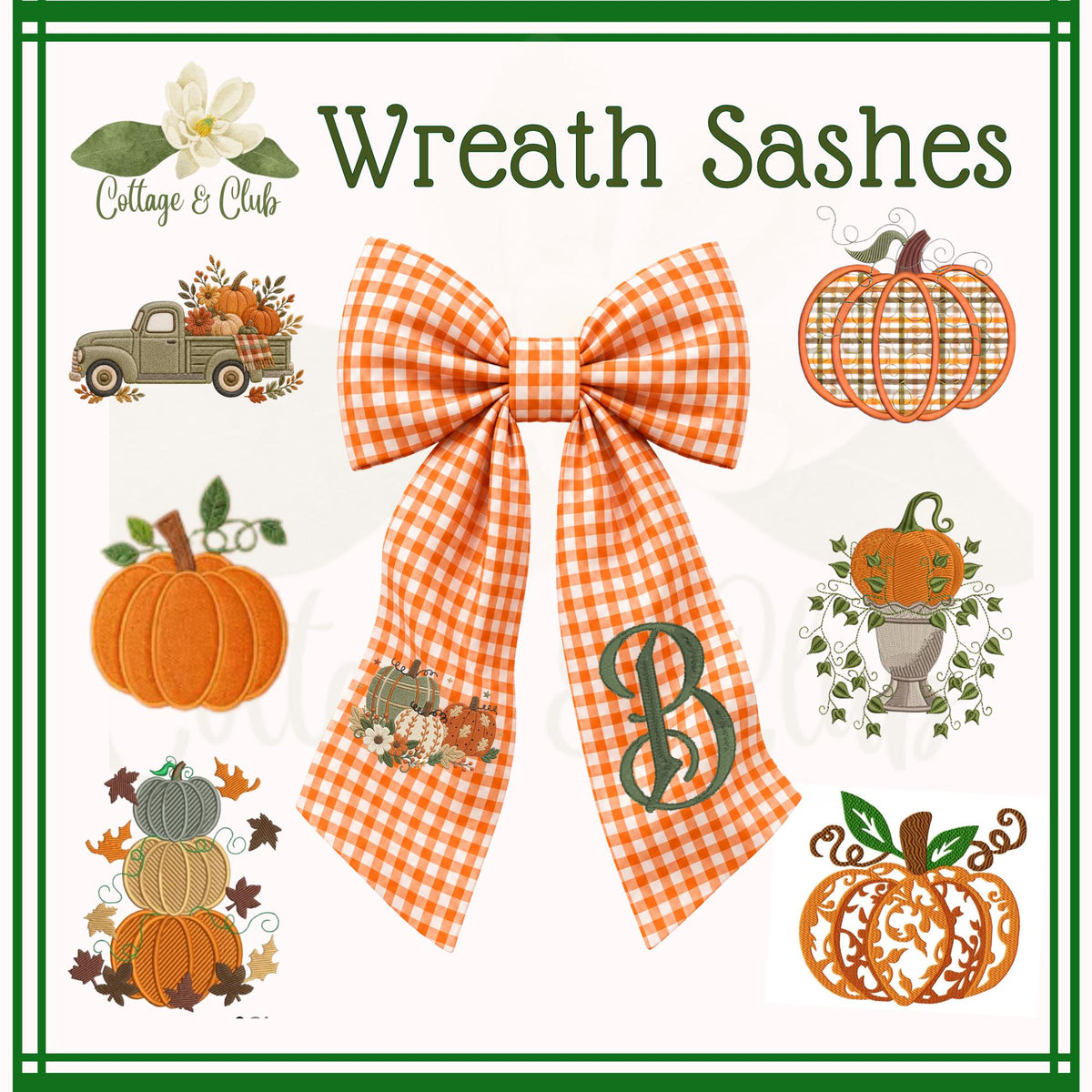 Embroidered Pumpkin Monogram Wreath Sash, Fall Wreath Sash, Pumpkin Wreath Sash, Last name wreath sash, Hostess gift, Fall Decor