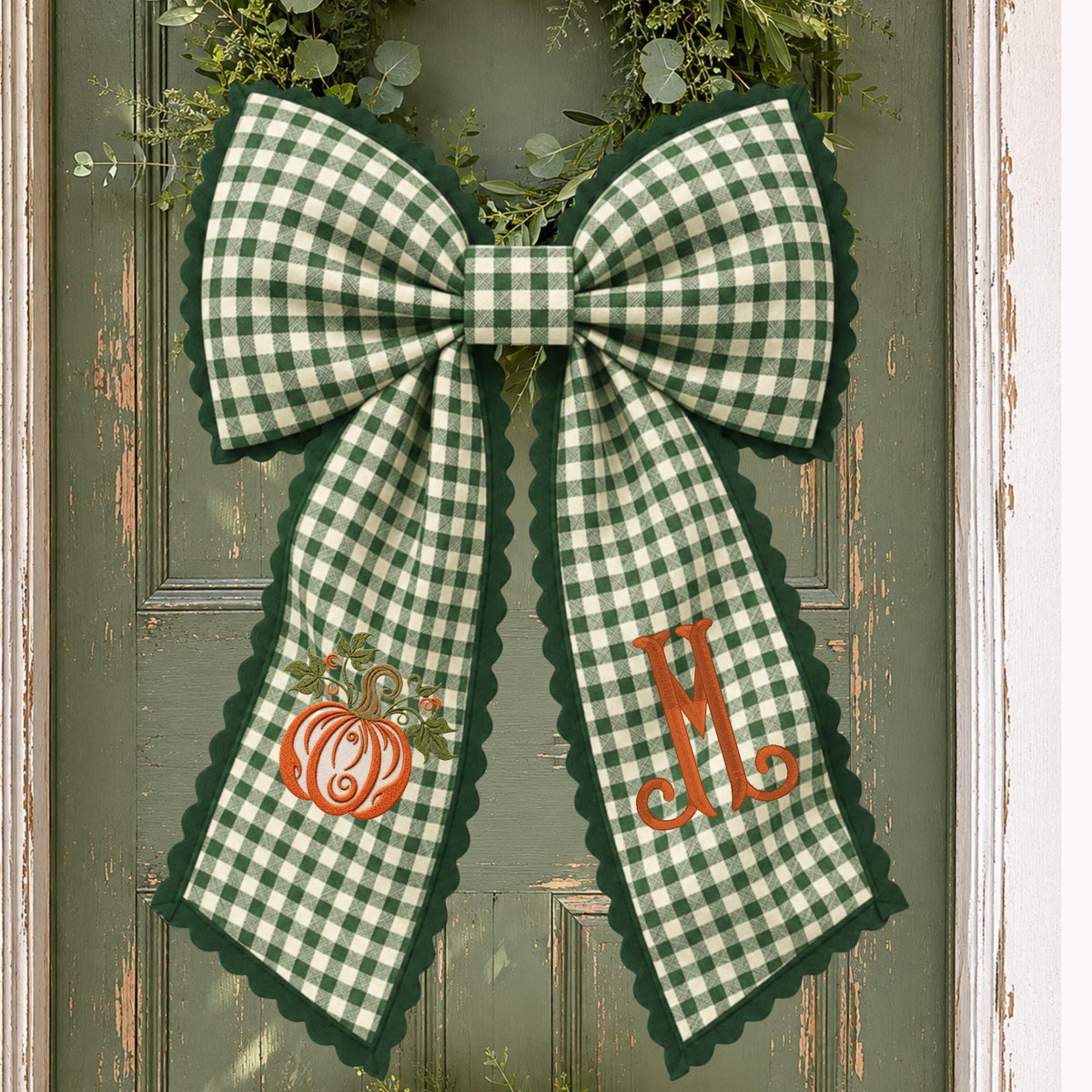 Embroidered Blue & White Chinoiserie Delft Pumpkin Monogram Wreath Sash, Fall Wreath Sash, Pumpkin Wreath Sash,  Hostess gift, Fall Decor