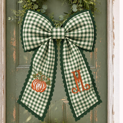 Embroidered Blue & White Chinoiserie Delft Pumpkin Monogram Wreath Sash, Fall Wreath Sash, Pumpkin Wreath Sash,  Hostess gift, Fall Decor