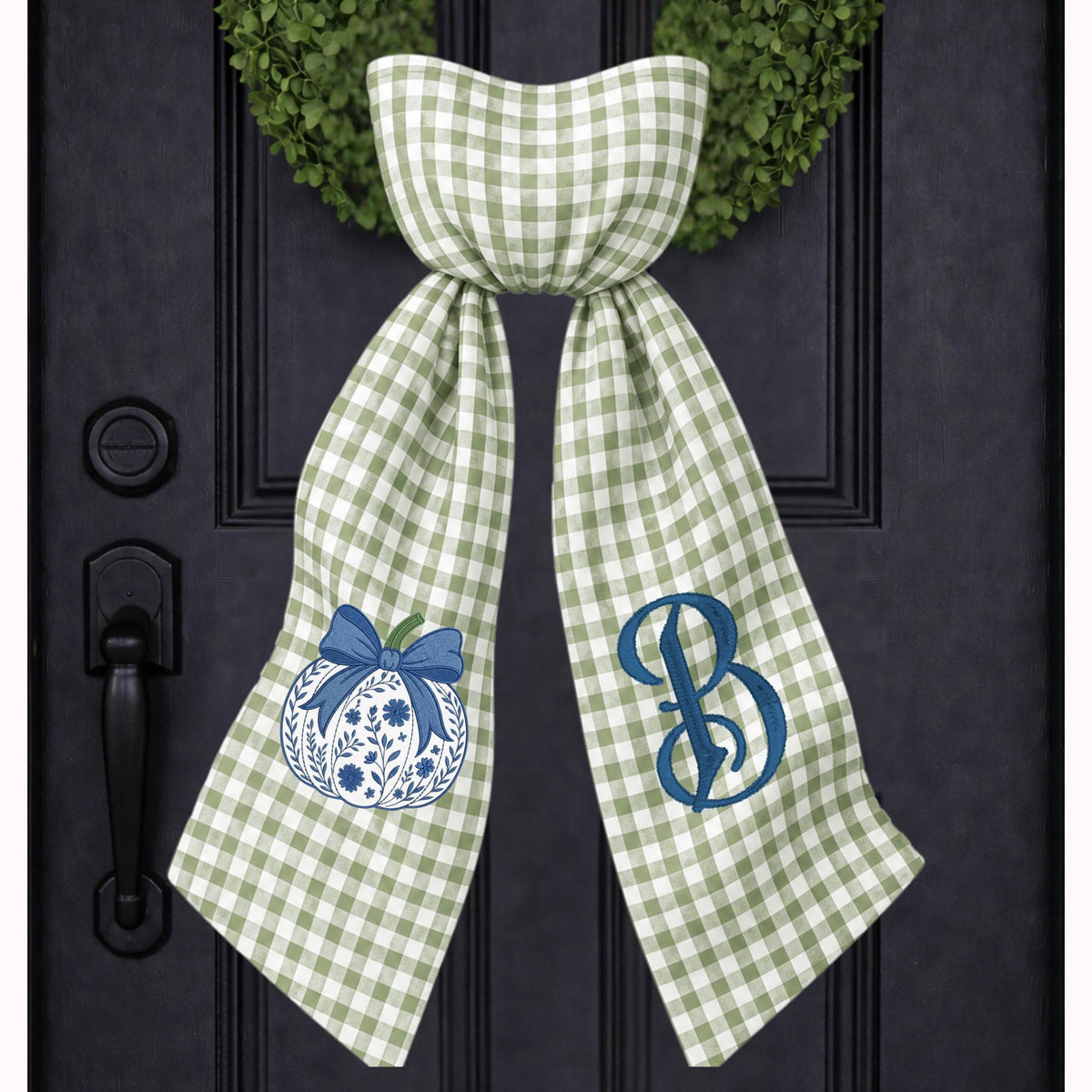 Embroidered Blue & White Chinoiserie Delft Pumpkin Monogram Wreath Sash, Fall Wreath Sash, Pumpkin Wreath Sash,  Hostess gift, Fall Decor