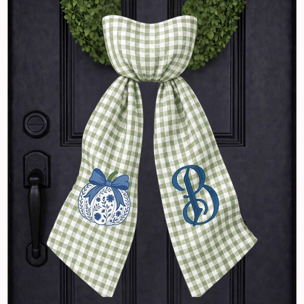 Embroidered Blue & White Chinoiserie Delft Pumpkin Monogram Wreath Sash, Fall Wreath Sash, Pumpkin Wreath Sash,  Hostess gift, Fall Decor