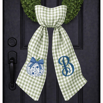 Embroidered Blue & White Chinoiserie Delft Pumpkin Monogram Wreath Sash, Fall Wreath Sash, Pumpkin Wreath Sash,  Hostess gift, Fall Decor