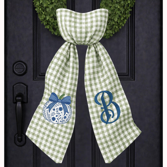 Blue & White Delft Pumpkin Monogram Wreath Sash | Fall Decor